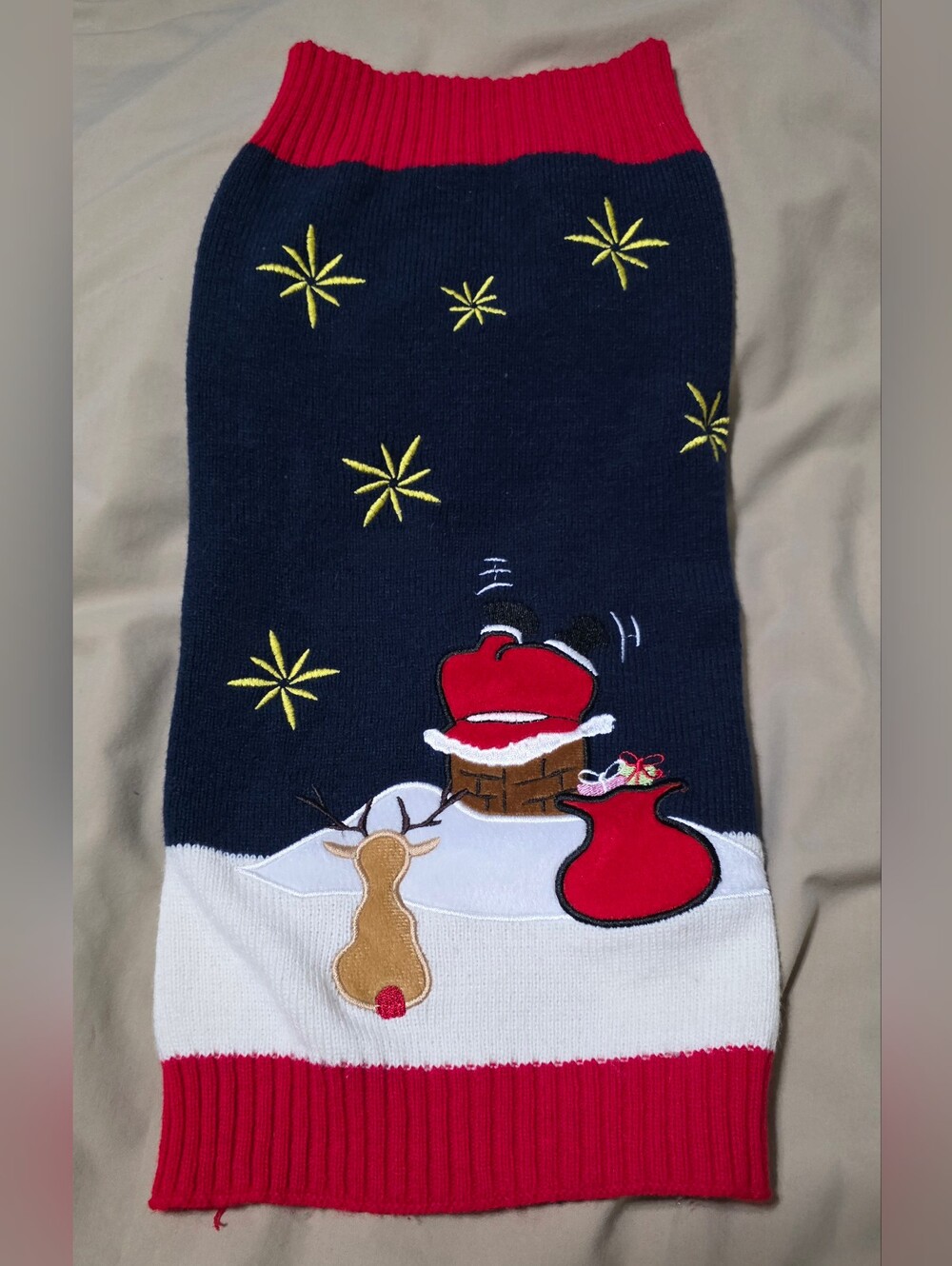 Holiday Dog Sweater Santa Deer Chimney Festive Appliqué Costume Size XL